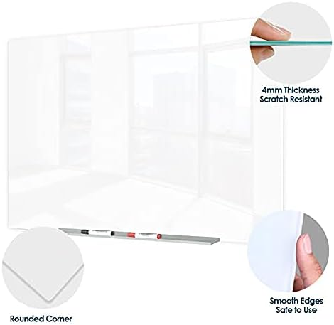 J&J worldwide Magnetic Glass Whiteboard 4' x 3' Ultra White, Large Frameless White Boards for Walls 47 x 35 Inches, Large Dry Erase Board for Office, Home, School
