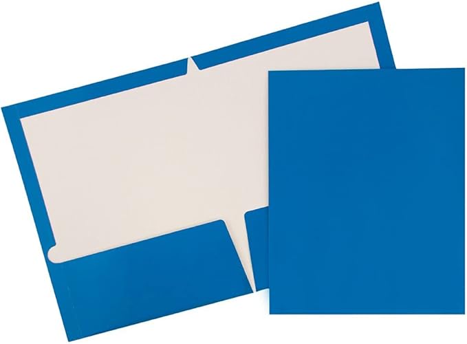 JAM PAPER Laminated Two Pocket Glossy School Folders - Letter Size - High Gloss Blue - Bulk 50/Box
