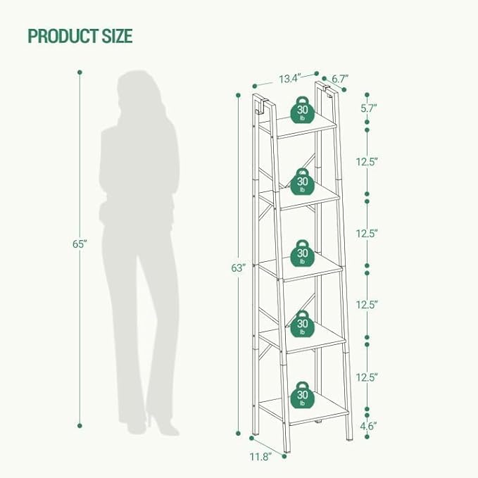Hzuaneri Ladder Shelf, Bookshelf Bookcase, Freestanding Corner Storage Shelve with 2 Hooks for Home Office, Living Room, Kitchen, Bedroom, Industrial, 5-Tier White BC03213W