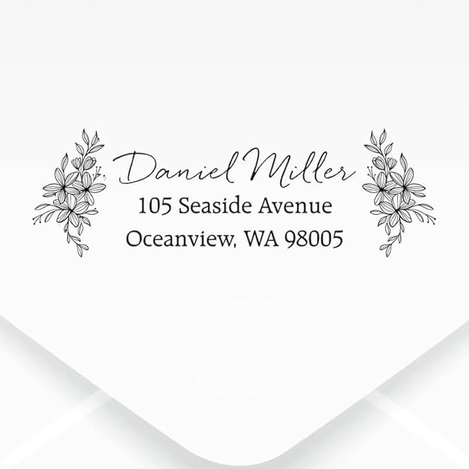 Custom Floral Address Stamp | Choose from 12 Designs | Multiple Ink Color Options | Envelope Return Address Stamp for Couple or Family (Design 9, Medium)
