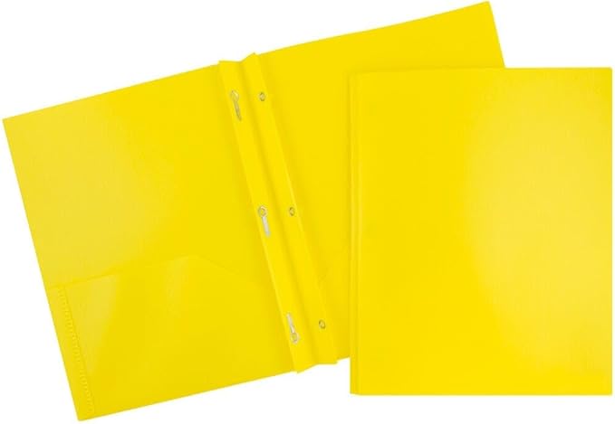JAM PAPER Plastic Color Pop Folders - 2 Pocket Durable Folders with Metal Prongs Fastener Clasps - Yellow - 3/Pack