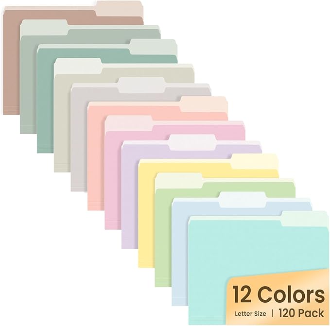 SUNEE File Folders, 120 Pack Manilla Folders 8.5 x 11, 12 Colors Folder Office Organization Home School Folders for Documents Files Paper