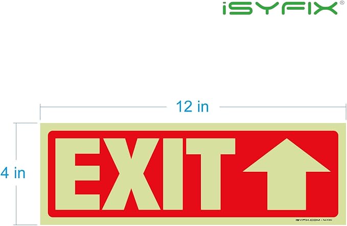 iSYFIX Exit Stickers Signs with Directional Up Arrow 6 Pack 12x4 Inch - Glow in the Dark Photoluminescent Vinyl for Office, School, Business, Warehouse - UV & Weather Resistant for Indoor/Outdoor Use