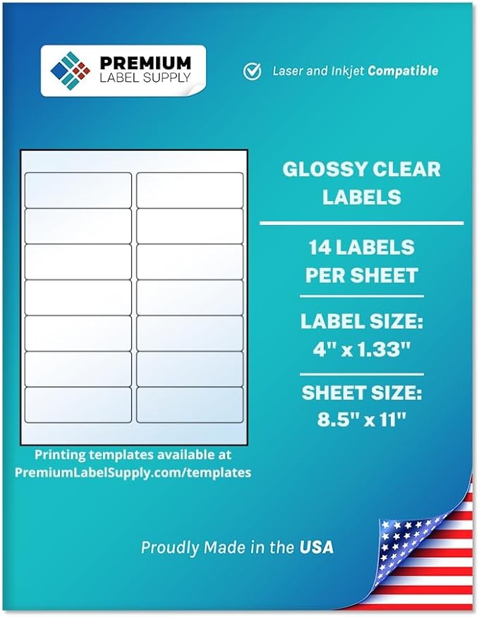 Premium Label Supply Glossy Clear Mailing Labels – 4" x 1.33" – Laser/Inkjet Compatible – (14 per Sheet), 1000 Sheets – 14,000 Total Adhesive Labels