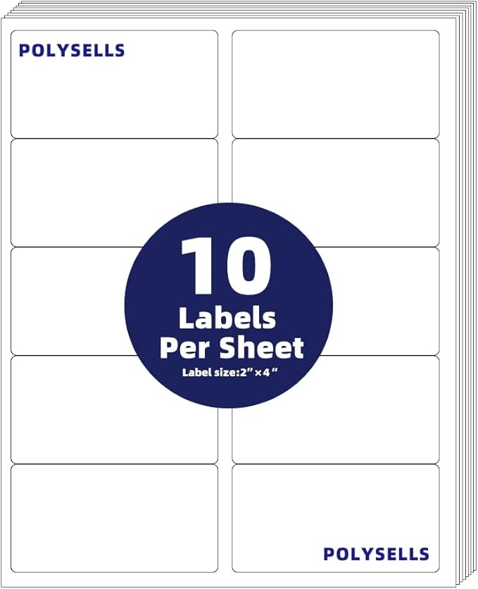 POLYSELLS Self Adhesive 2"x4" Address Shipping Labels, 10UP White Sticker FBA Labels, Inkjet/Laser Printer Compatible, 10 Labels/Sheet, 250 Sheets/2500 Labels