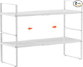 jkxoo 2Pack 16.5-27’’L Expandable Cabinet Shelf Organizers, Stackable Metal Shelves Extender for Kitchen Countertop Storage, Adjustable Spices Shelves Rack Stand for Cupboard Pantry, White