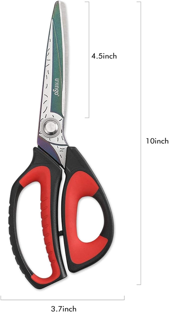 LIVINGO 10" Multipurpose Heavy Duty Scissors, Premium Titanium Coating Forged Stainless Steel Tool Industrial Shop Shears for Household, Pruning, Gardening, Fabric, Red/Black