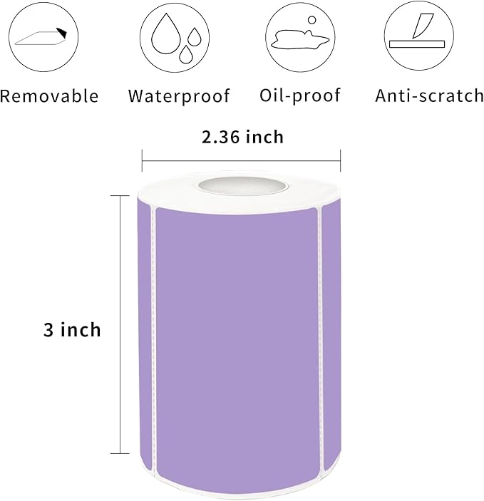2×3 Inch Purple Removable Thermal Labels,Self-Adhesive Square Direct Thermal Labels,300 Sheets per Roll with Perforated Lines