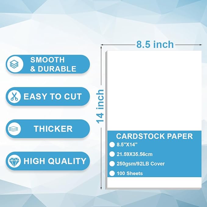 Cardstock Paper - Plain Heavy White Stock, Cover Stock Paper, 92lb(250 gsm) Cover Stock Paper, 8.5" x 14", 100 Sheets, Cardstock Paper for Printer, Resume, Scrapbooks, Art, Crafts, Business Cards
