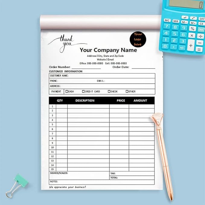 Custom Carbonless Sales Invoice Form Books for Small Business, Personalized NCR 3-Part Receipt Book with Carbon Copies, Cover Add Company Name, Address and Number Printed
