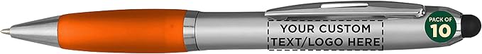 DISCOUNT PROMOS Custom Stylus Ballpoint Pens Set of 10, Personalized Bulk Pack - Black Ink, Great for Office, School, Business, Tradeshows, Events - Orange