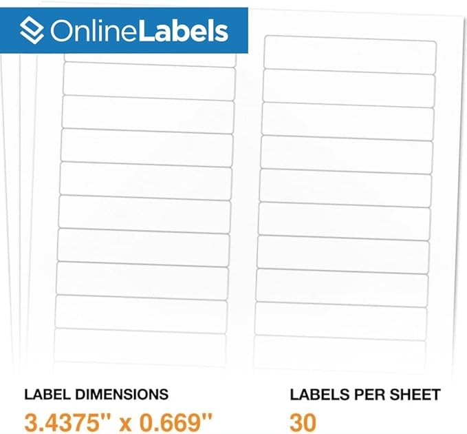 3.434 x 0.667 File Folder Labels - Pack of 7,500 Labels, 250 Sheets - Inkjet/Laser Printer - Online Labels
