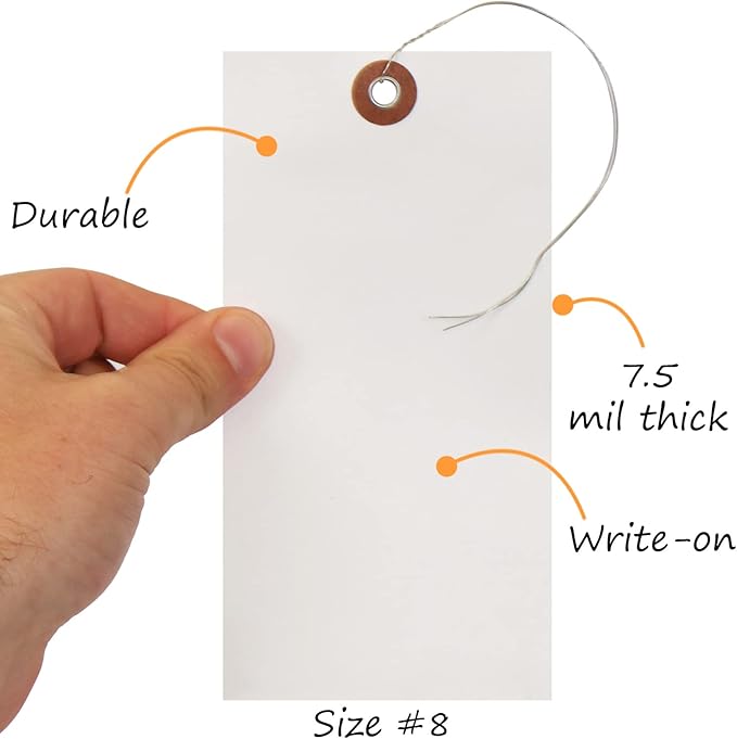 SmartSign (Pack of 100) Blank White Shipping Tags with Wires, 6.25 x 3.125 inch (Size-8), Metal Eyelet, 7.5 mil HDPE Plastic, Writable