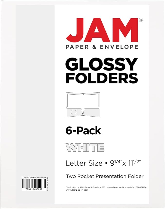JAM PAPER Laminated Two Pocket Glossy School Folders - Letter Size - High Gloss White - Bulk 100/Box