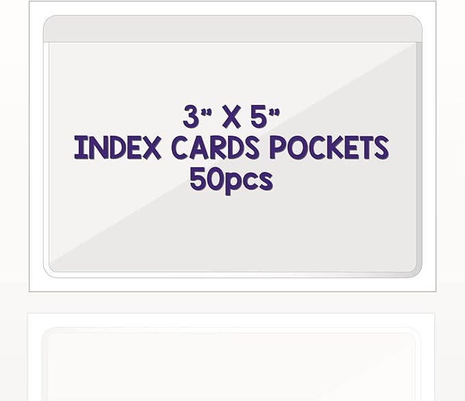 Clear Adhesive 3" x 5" Index Card Pockets With Top Open Loading, 50 Pack, Plastic Labels Holders for Storage Bins and Library, Ideal for Organizing and Protecting Your Cards