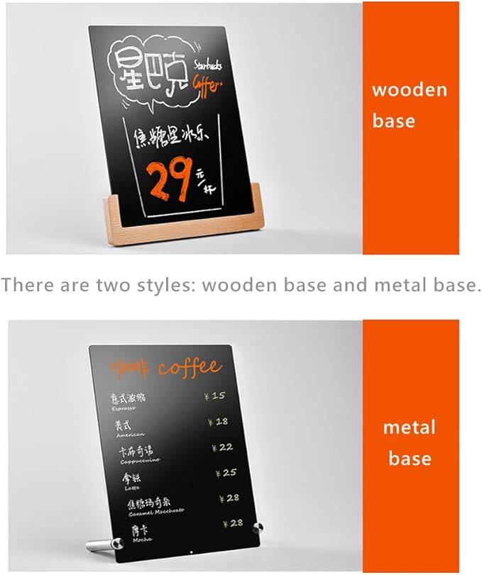 ECKEK Tabletop Chalkboard Signs with Base Stand Carbon Steel Menu Chalkboard Stand, Message Board for Shop, Restaurant, Home Decoration (Wooden Base 22 * 31cm/8.6612.20inches)