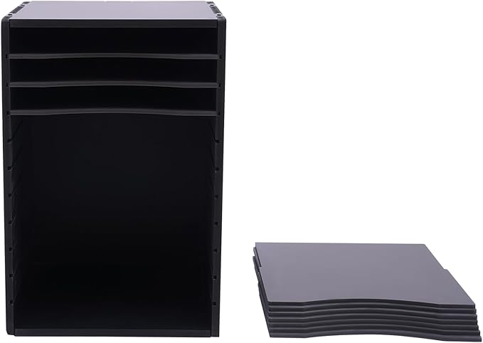 GUEYYSAN Vertical File Storage Rack, 11-Compartment Desktop Sorter Documents Box with Removable Shelves for Studios Office (Black)