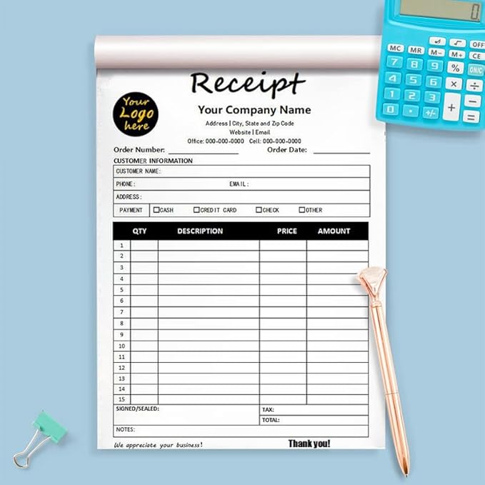 Personalized Invoice Book Custom 2 Part/3 Part Receipt Book Quote Estimate Order Forms Carbonless Form with Your Company Name Logo Address,2-10 Books (Style 15)