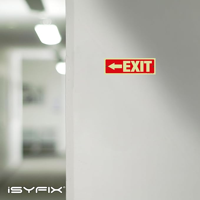 iSYFIX Exit Signs with Directional Left Arrow - 2 Pack 12x4 Inch Glow in the Dark for Business, School, Office, Warehouse - Durable 40 Mil Polystyrene, UV Laminated, Waterproof, Scratch & Fade Resistant
