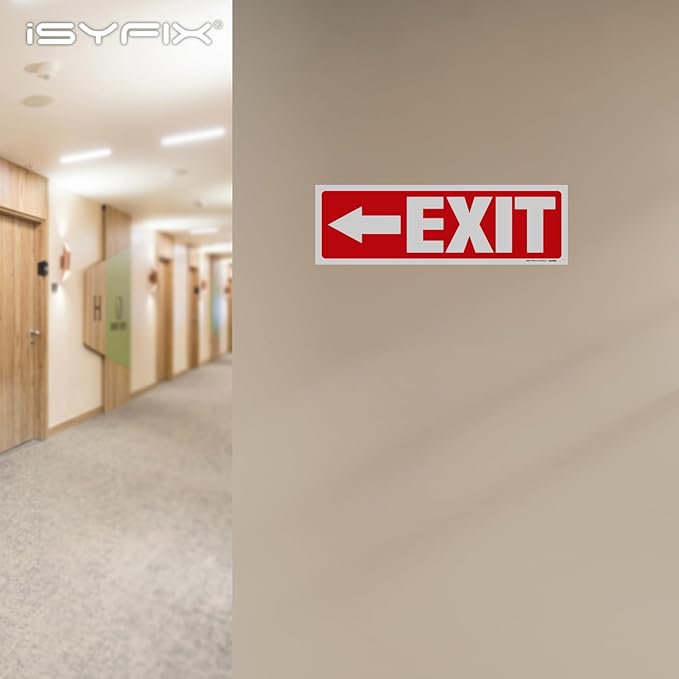 iSYFIX Exit Signs Stickers 6 Pack 12x4 Inch - Laminated Premium Vinyl Directional Left Arrow Signs for Buildings, Office, Workplace, Stores, Schools, Theaters, Parking, Restaurants, Factories
