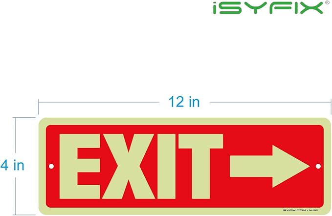 iSYFIX Exit Signs with Directional Right Arrow, Glow in the Dark, Photoluminescent Aluminum 12x4 Inch - 6 Pack, Laminated for UV & Weather Resistance, Ideal for Offices, Schools, Theaters & More
