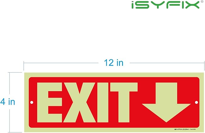 iSYFIX Exit Signs with Directional Down Arrow - 6 Pack 12x4 Inch Glow in the Dark for Business, School, Office, Warehouse - Durable 40 Mil Polystyrene, UV Laminated, Waterproof, Scratch & Fade Resistant