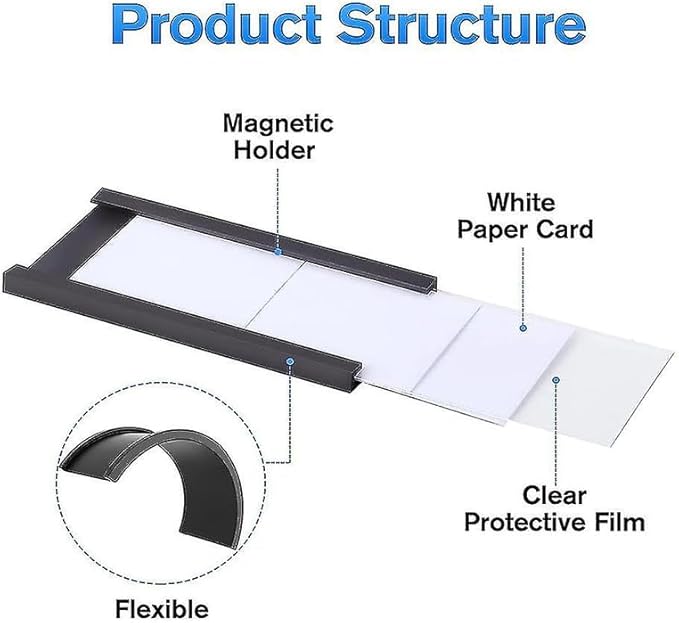 LLPT Magnetic Label Holder 4” x 1.6” 26 Packs C Channel White Paper Cards Protective Film Strong Removable for Shelf White Board Toolbox Metal Wall Cabinet Drawer(MH41626)