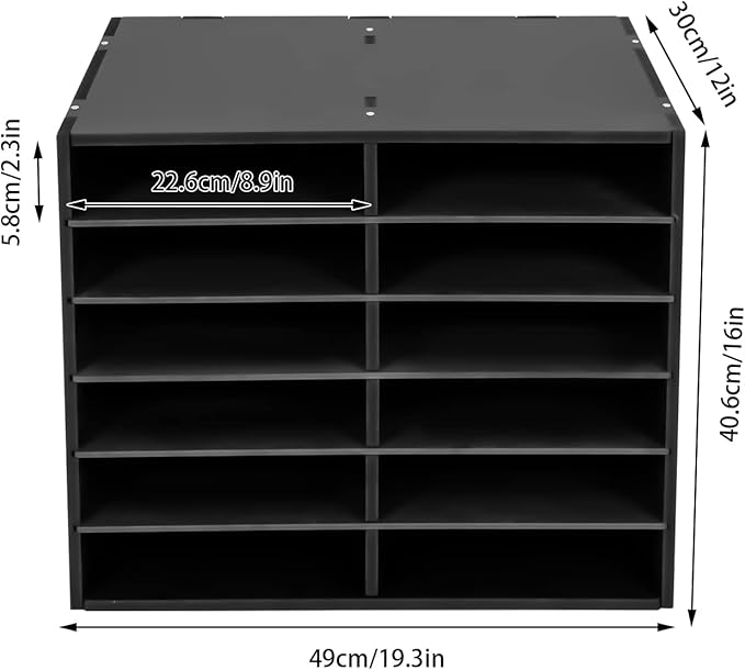 12 Slots Mail Sorters for Office, PVC Literature Organizer with Removable Shelves, Desktop Mail Center Paper Storage Cabinet for Files Magazines Documents, 8.9 * 2.3in Each Slot (12 Slots - Black)