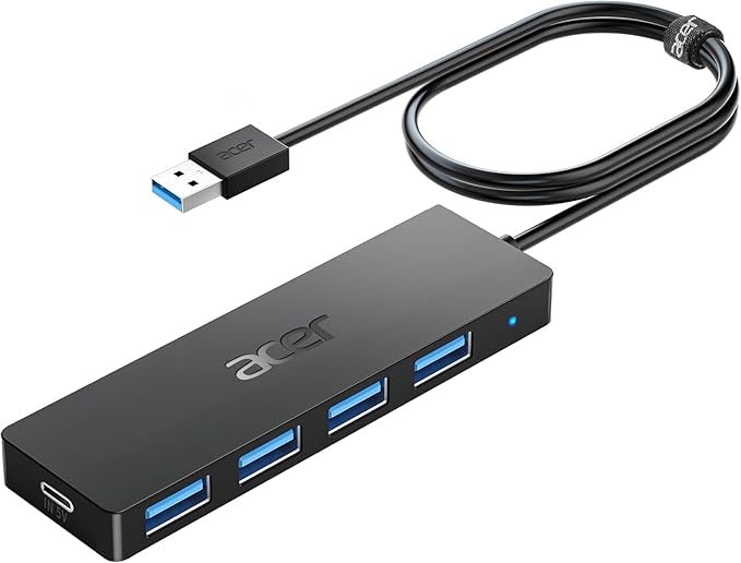 Acer USB Hub 4 Ports, Multiple USB 3.0 Hub, USBA Splitter for Laptop with Type C Power Port, Extender for A Port Laptop, PC, Desktop and More (4ft)