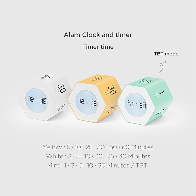 mooas Multi-Hexagon Clock Cube Timer, Digital Clock Time Timer, Pomodoro Timers, Backlit Display 12/24H Mode Count up & Countdown, Rotating Various time presets ideal for Classroom Gym Kitchen (White)