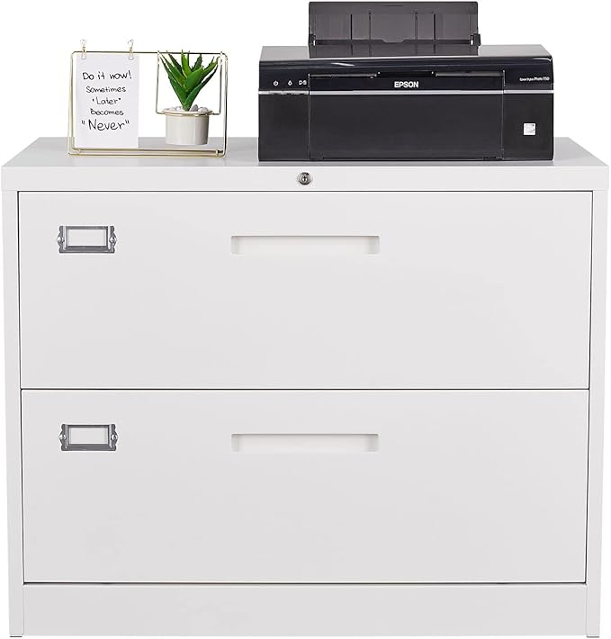 MIIIKO 2 Drawer Lateral File Cabinet with Lock, White Filing Cabinet for Home Office, Two Drawer Metal File Cabinet for Hanging Files Folders Letter/Legal/F4/A4 Size