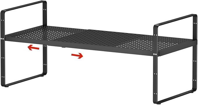 jkxoo Expandable Cabinet Shelf Organizers, Stackable Metal Shelves Extender for Kitchen Countertop Storage, Adjustable Spices Shelves Rack Stand for Cupboard Pantry, Black