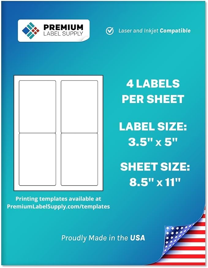 Premium Label Supply White Sticker Mailing/Shipping Labels – 3.5" x 5" – Laser/Inkjet Compatible – (4 per Sheet), 500 Sheets - 2,000 Total Adhesive Labels
