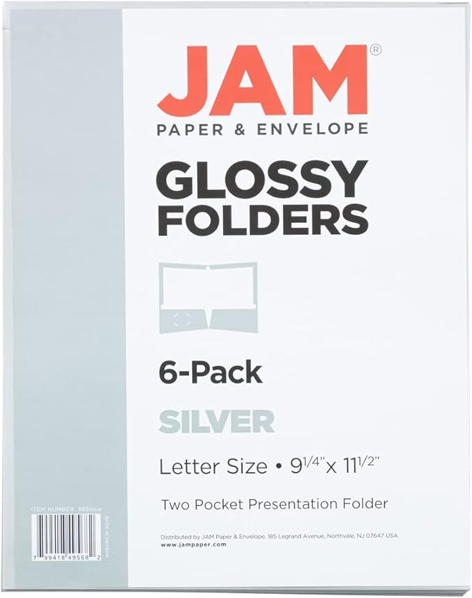 JAM PAPER Laminated Two Pocket Glossy School Folders - Letter Size - High Gloss Silver - 6/Pack