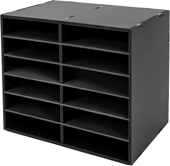 12 Slots Mail Sorters for Office, PVC Literature Organizer with Removable Shelves, Desktop Mail Center Paper Storage Cabinet for Files Magazines Documents, 8.9 * 2.3in Each Slot (12 Slots - Black)