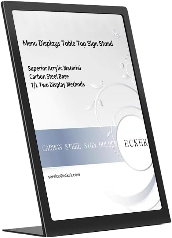 ECKEK Carbon Steel Sign Holder, Slanted Menu Displays, Table Top Sign Stand (L Shape Black A5 148×210mm/ 5.83×8.27 inches)