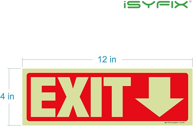 iSYFIX Exit Stickers Signs with Directional Down Arrow 2 Pack 12x4 Inch - Glow in the Dark Photoluminescent Vinyl for Office, School, Business, Warehouse - UV & Weather Resistant for Indoor/Outdoor Use