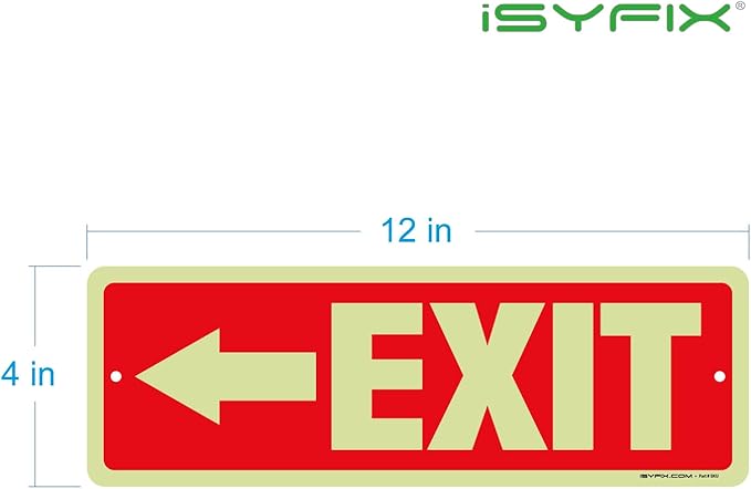 iSYFIX Exit Signs with Directional Left Arrow, Glow in the Dark, Photoluminescent Aluminum 12x4 Inch - 6 Pack, Laminated for UV & Weather Resistance, Ideal for Offices, Schools, Theaters & More