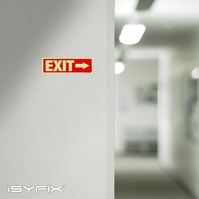 iSYFIX Exit Signs with Directional Right Arrow - 12 Pack 12x4 Inch Glow in the Dark for Business, School, Office, Warehouse - Durable 40 Mil Polystyrene, UV Laminated, Waterproof, Scratch & Fade Resistant
