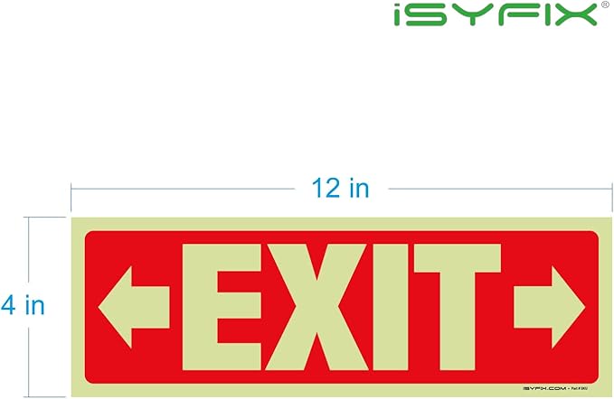 iSYFIX Exit Stickers Signs with Directional Right & Left Arrow 6 Pack 12x4 Inch - Glow in the Dark Photoluminescent Vinyl for Office, School, Business, Warehouse - UV & Weather Resistant for Indoor/Outdoor Use