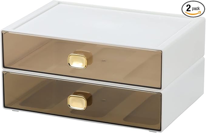 OSteed Spacious Desktop Storage Box, 2 Large Storage Drawers, Stackable Office Desk Drawer Organizer and Accessories, Printer Paper Organizer, White Plastic Drawers for Workspace