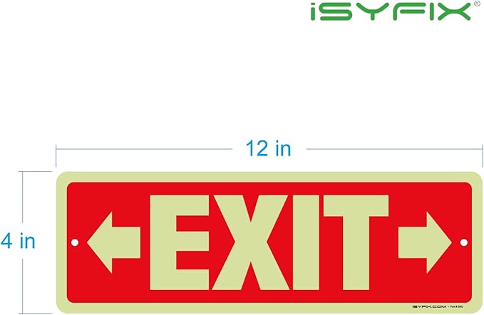 iSYFIX Exit Signs with Directional Right & Left Arrow, Glow in the Dark, Photoluminescent Aluminum 12x4 Inch - 2 Pack, Laminated for UV & Weather Resistance, Ideal for Offices, Schools, Theaters & More