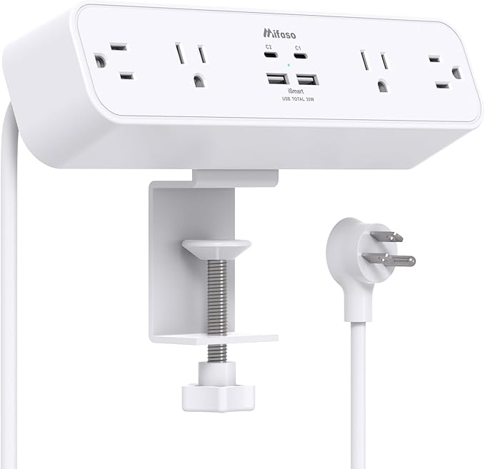 PD40W Desk Clamp Power Strip, Desktop Mount Surge Protector, Fast Charging Station, 5Ft Extension Cord Desk Edge Mount Shelf with 4 Outlets 4 USB Ports (2 USB C), Home Office Accessories Essentials