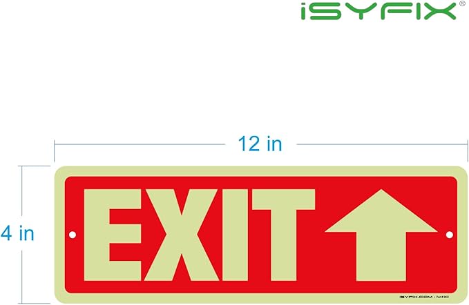 iSYFIX Exit Signs with Directional Up Arrow, Glow in the Dark, Photoluminescent Aluminum 12x4 Inch - 6 Pack, Laminated for UV & Weather Resistance, Ideal for Offices, Schools, Theaters & More