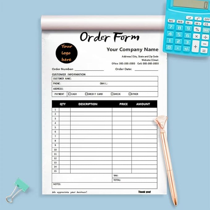 Custom Carbonless Sales Invoice Form Books for Small Business, Personalized NCR 3-Part Receipt Book with Carbon Copies, Cover Add Company Name, Address and Number Printed