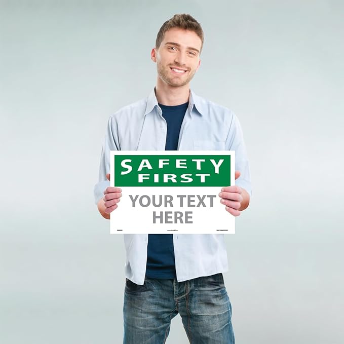 Custom OSHA Style Safety First Sign 12" x 18" Adhesive Vinyl Sign, Customizable "Your Text Here", by AccuformNMC Made in USA