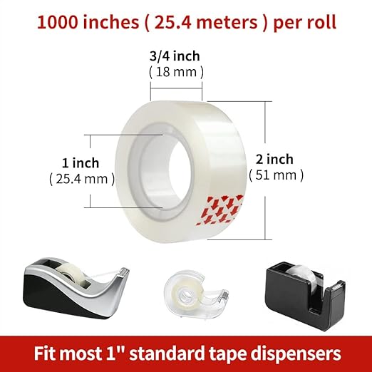 Turxayox 12 Rolls Transparent Tape Refills for Dispenser, Clear Tape, 3/4 x 1000 Inches, Easy Tear, Glossy Gift Wrap Tapes, Home Office Supplies and Back to School Supplies for College and Classrooms