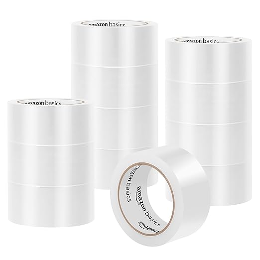 Amazon Basics Strong Plastic Adhesive Packaging Tape for Shipping, Moving and Storage, Clear, Low Odor, 1.88 in x 54.6 yds, 12-Pack