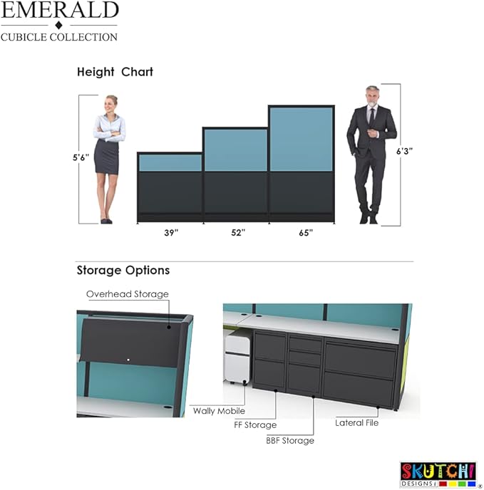 2 Person Workstation Wall Partition | Cubicle Workstations | Privacy Office Divider 2 Work Stations | U Shape Cubicle | Emerald Collection | 5x5x65 H | Slate and Silver
