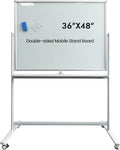 Large Mobile Glass White Board with Wheels - 48”x36” Rolling Dry Erase Whiteboard with Stand, Quick Flip Over Reversible Glass Board, Standing Double-Sided Board